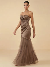 Strapless Satin Evening Gown with Draped Bodice and Tulle Skirt