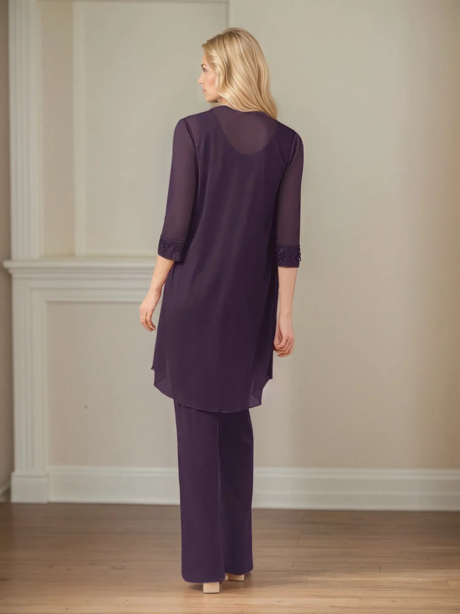 Jumpsuit/Pantsuit Scoop Neck 3/4 Sleeves Chiffon Mother of the Bride Dress