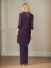 Jumpsuit/Pantsuit Scoop Neck 3/4 Sleeves Chiffon Mother of the Bride Dress