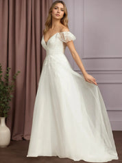 White A-Line V-Neck Sleeveless Sequins Tulle Wedding Dress