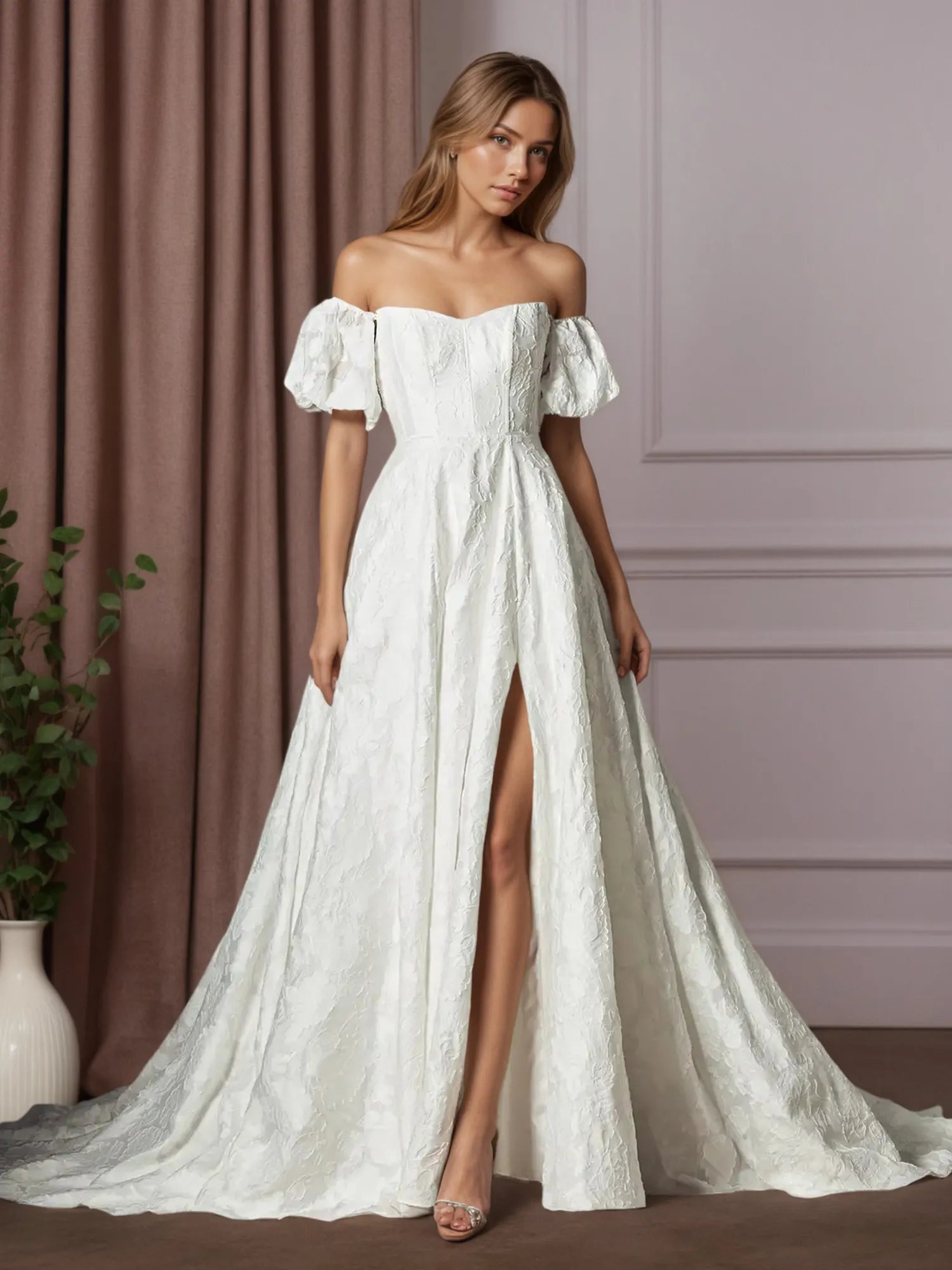 White Ball-Gown Sweetheart Neckline Floral Burnout Jacquard Wedding Dress