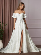 White Ball-Gown Sweetheart Neckline Floral Burnout Jacquard Wedding Dress