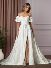 White Ball-Gown Sweetheart Neckline Floral Burnout Jacquard Wedding Dress