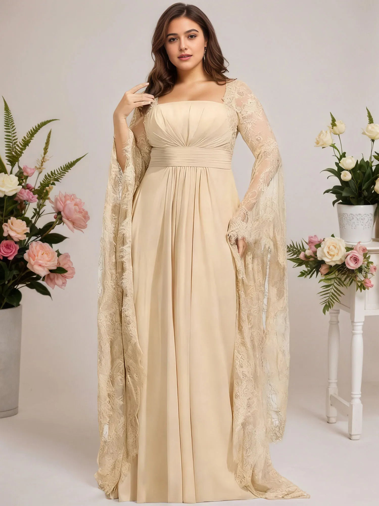 A-line Square Floor-Length Chiffon Lace Evening Dress With Beading Pleated