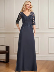 Robe de mère de la mariée trapèze, col en V, longueur au sol, en mousseline de soie et dentelle, avec sequins plissés 