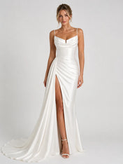 Elegant Spaghetti Strap Satin Wedding Dress with Draped Neckline, Ruched Skirt and High Slit