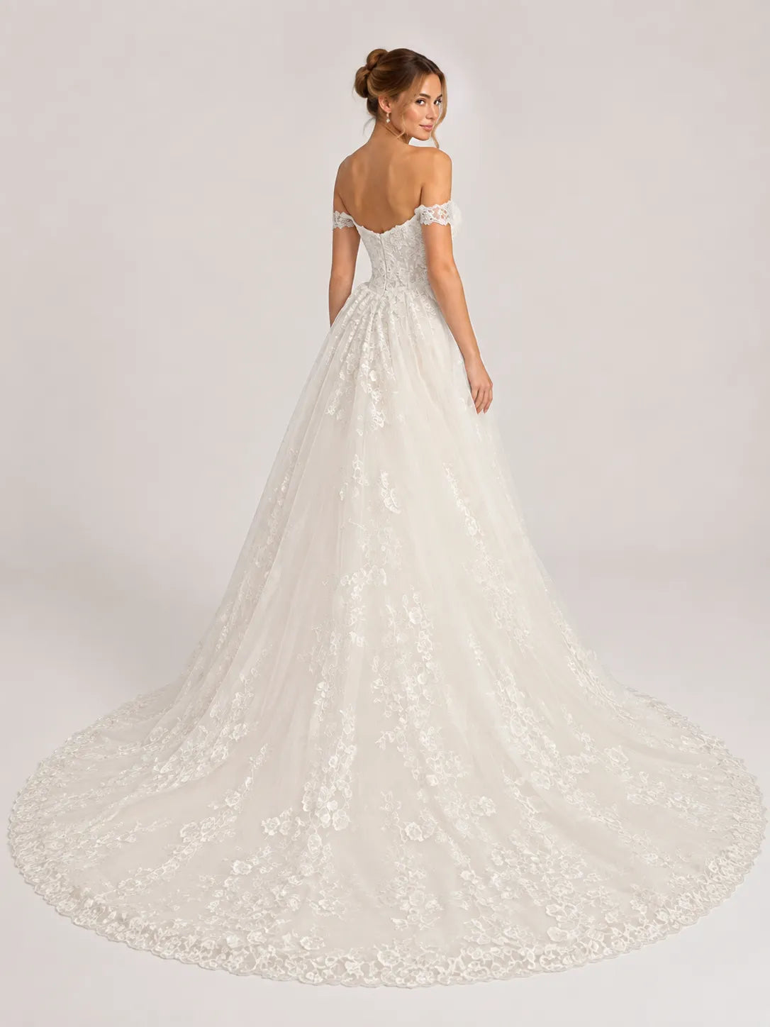 Elegant Off-the-Shoulder Sweetheart Lace Mermaid Wedding Dress with Layered Overskirt and Cathedral Train