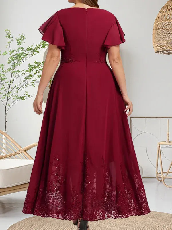 Robe de mère de la mariée trapèze en mousseline de soie et dentelle, longueur cheville, avec paillettes 