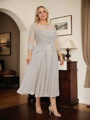 A-line Scoop Illusion Tea-Length Chiffon Lace Mother of the Bride Dress With Beading Sequins
