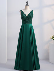 Green A-line V-Neck Floor-Length Satin Lace Prom Dresses With Sequins