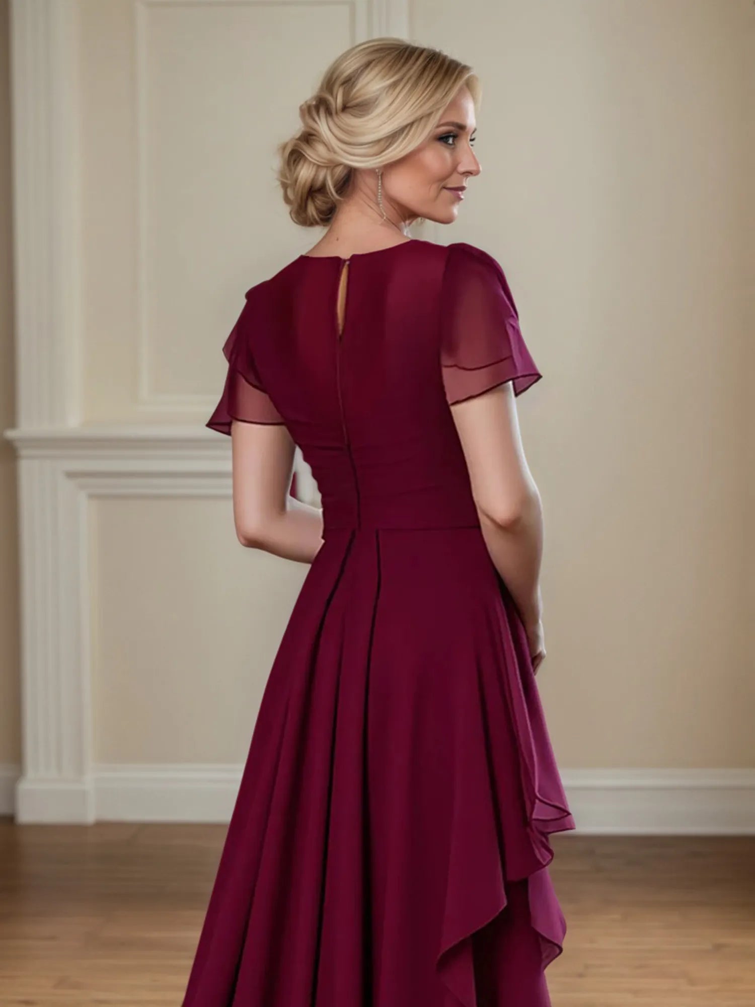 A Line Scoop Neck Short Sleeve Chiffon Mother of the Bride Dress With Ruffles