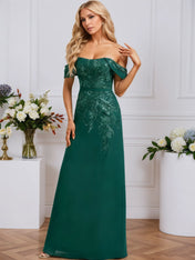 Sheath/Column Off the Shoulder Floor-Length Lace Chiffon Evening Dress With Sequins