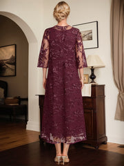 Cabernet A Line Scoop Tea-Length Lace Chiffon Mother of the Bride Dress