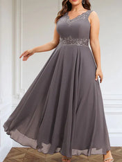 A-line V-Neck Ankle-Length Chiffon Mother of the Bride Dress With Sequins Appliques Lace Beading