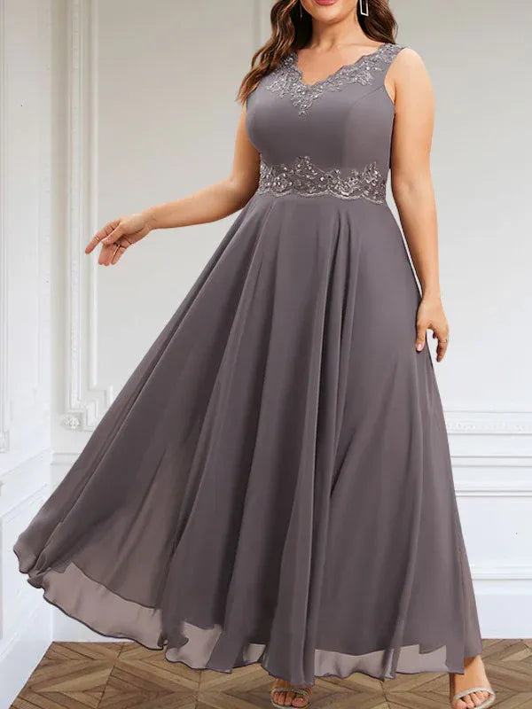 Robe de mère de la mariée trapèze en mousseline de soie, col en V, longueur cheville, avec appliques à paillettes et perles en dentelle 