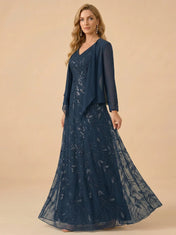 A-Line Sequin Embroidered V-Neck Mother of the Bride Gown with Matching Jacket