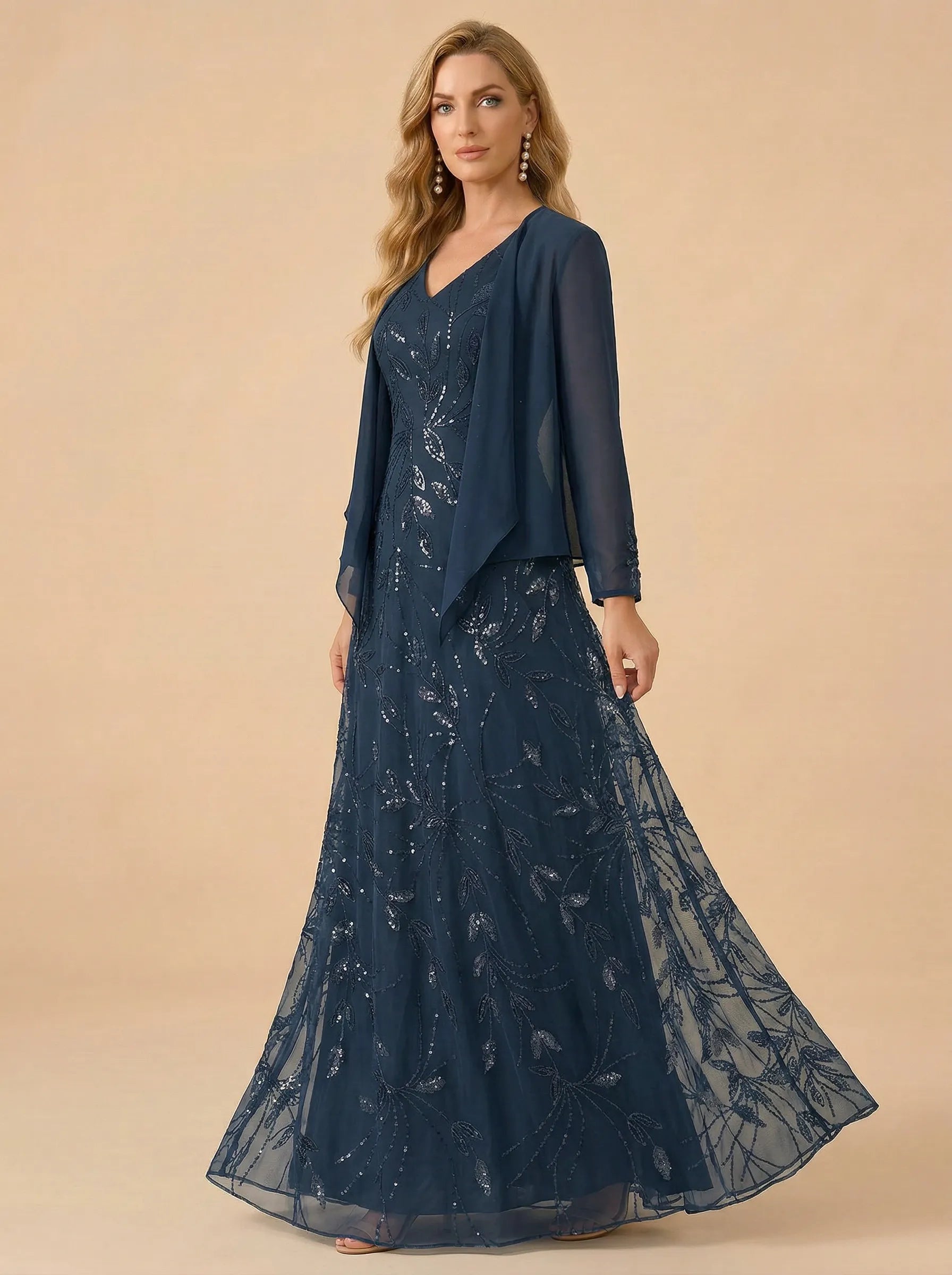 A-Line Sequin Embroidered V-Neck Mother of the Bride Gown with Matching Jacket