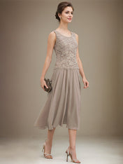 A-line Scoop Tea-Length Lace Chiffon Mother of the Bride Dress With Sequins