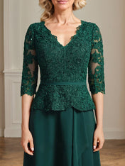 A-line V-Neck Floor-Length Lace Chiffon Mother of the Bride Dress With Dreamylily A-line V-Neck Floor-Length Lace Chiffon Mother of the Bride Dress With Dreamylily
