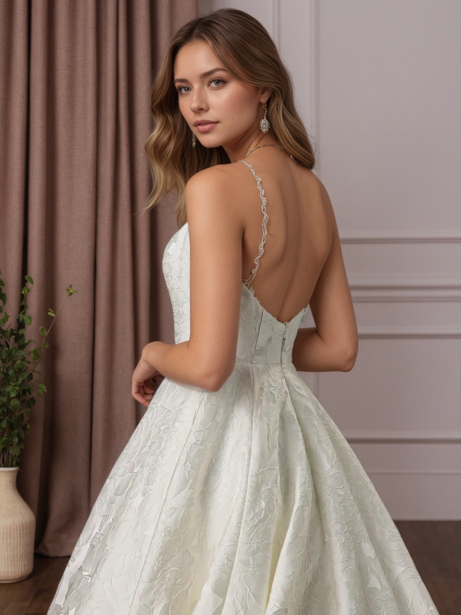 White V-Neck Ball-Gown with Pockets Floral Jacquard Wedding Dress