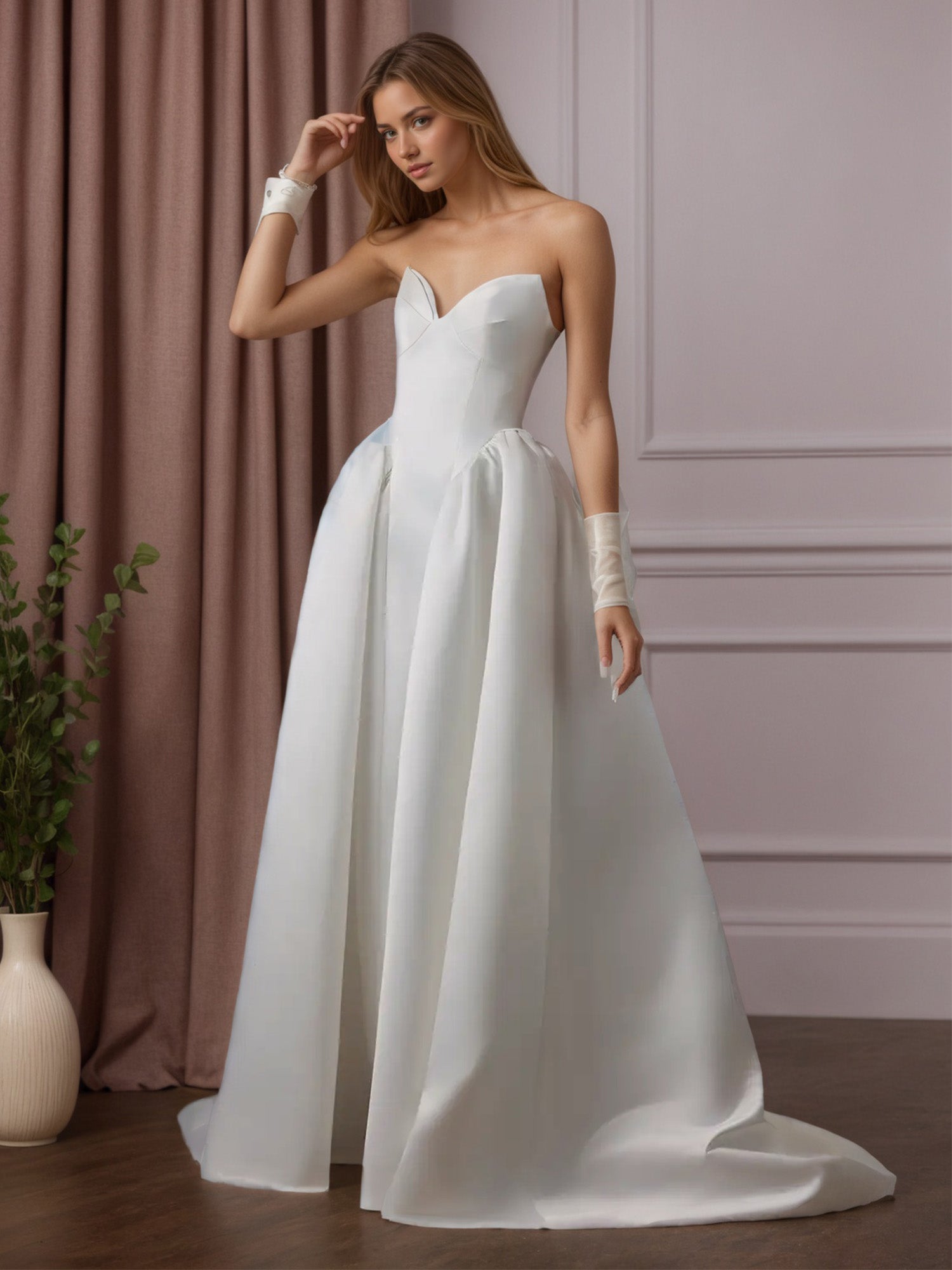 White A Line Strapless Satin Wedding Dress