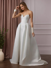 White A Line Strapless Satin Wedding Dress