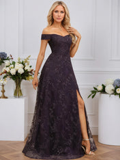 A-line Off the Shoulder Floor-Length Sequin Lace Evening Dress