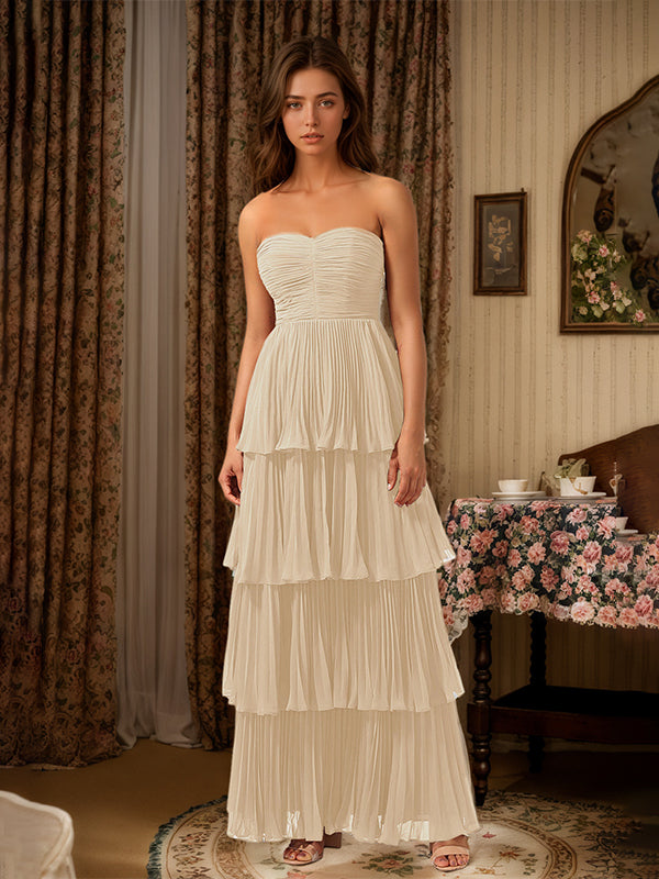 Burgundy A-Line Sweetheart Floor Length Tiered Chiffon Bridesmaid Dress