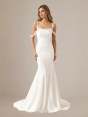 White Mermaid Sequins Off The Shoulder Stretch Crepe Wedding Dress