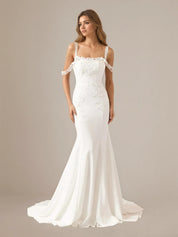 White Mermaid Sequins Off The Shoulder Stretch Crepe Wedding Dress