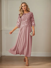 Crew Neck  A Line Ruffle Ruched Lace Maxi Dress Mother Of The Bride Dress