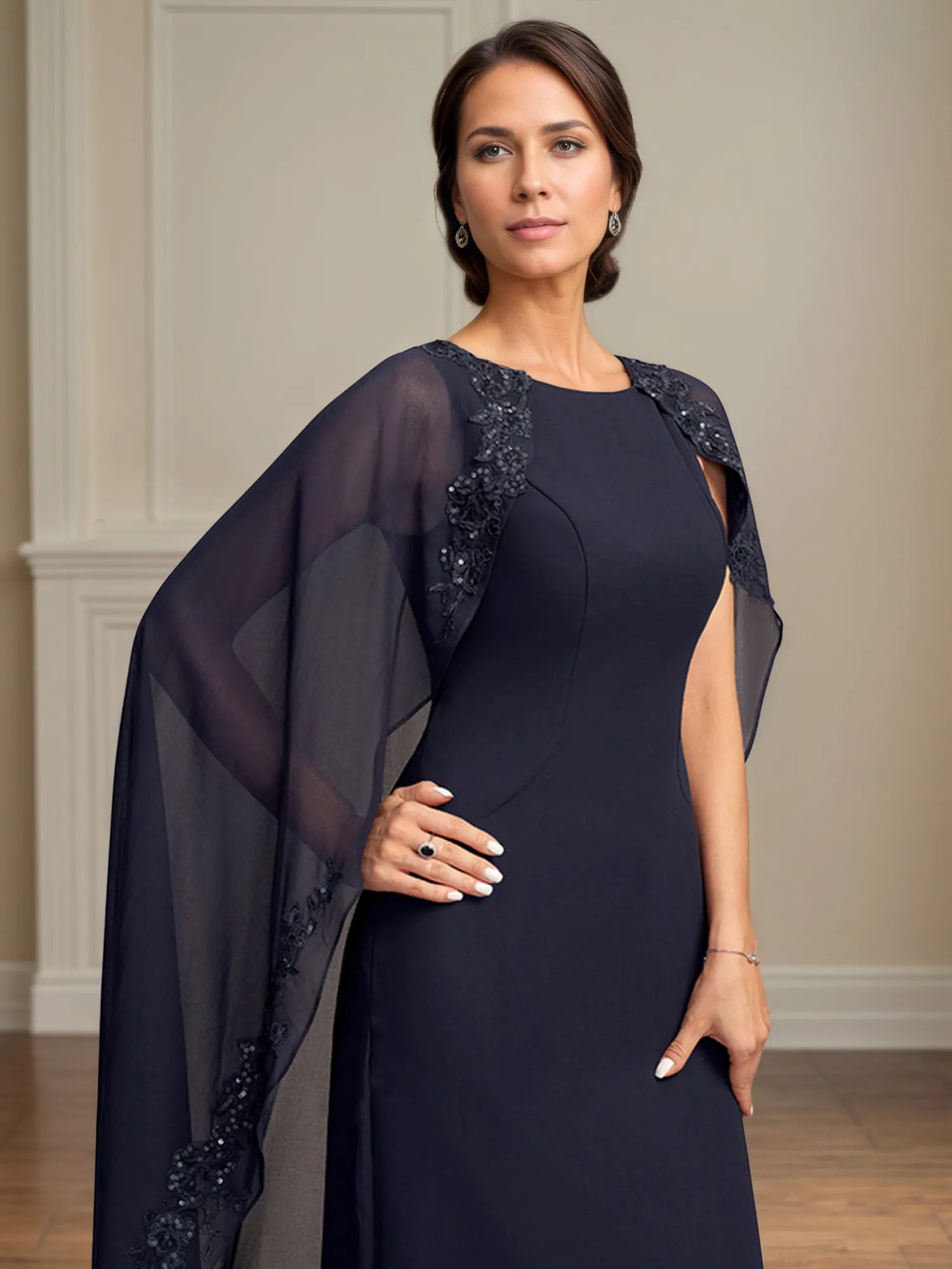 Sheath/Column Scoop Floor Length Chiffon Mother of the Bride Dress With Appliques Sequins