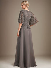 A-line V-Neck Floor-Length Chiffon Lace Mother of the Bride Dress With Crystal Brooch Rhinestone