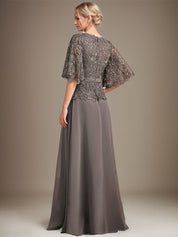 A-line V-Neck Floor-Length Chiffon Lace Mother of the Bride Dress With Crystal Brooch Rhinestone