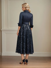 A-line Collared V-Neck Tea-Length Satin Lace Sequin Mother of the Bride Dress With Bow