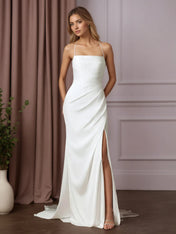 White Mermaid Pleated Stretch Satin Wedding Dress