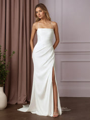 White Mermaid Pleated Stretch Satin Wedding Dress
