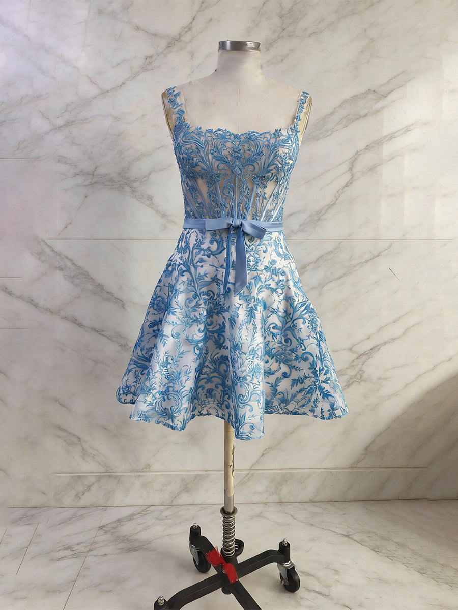 Blue Print A Line Floral Corset Short Homecoming Dress With Bow