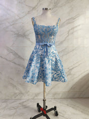 Blue Print A Line Floral Corset Short Homecoming Dress With Bow
