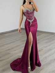 Gold Liquid Beaded Bodice Satin Prom Dress with Slit