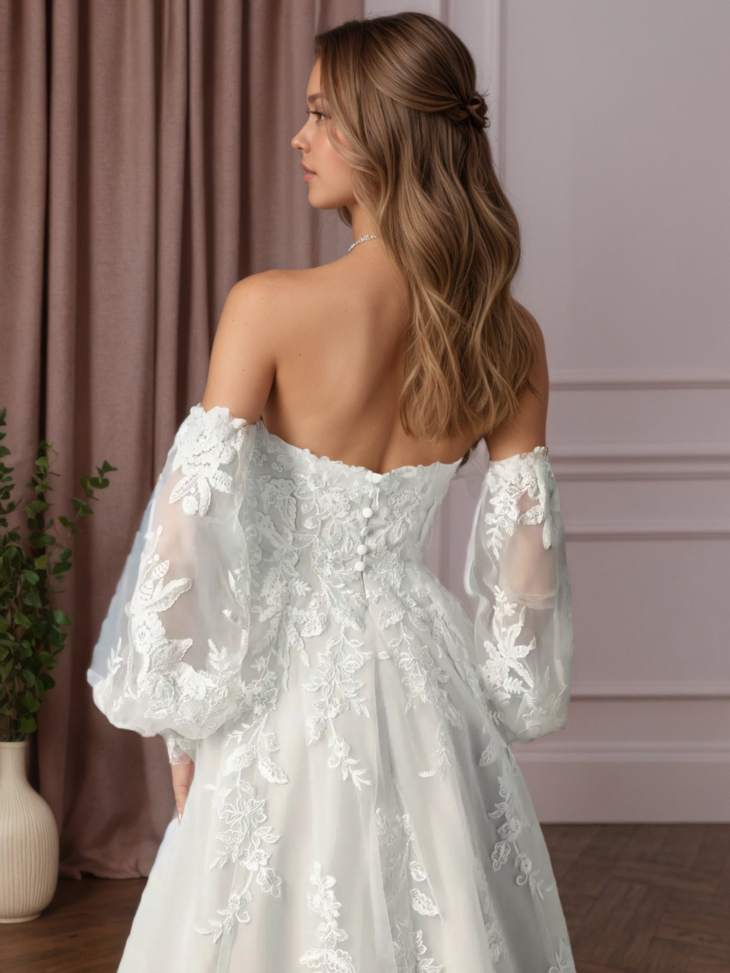 White Ball-Gown Strapless Lace Wedding Dress