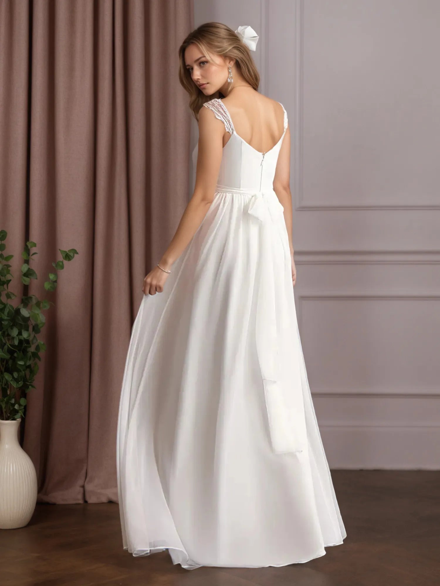 White A-Line V-Neck Sleeveless Lace Chiffon Wedding Dress