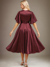 A-line V-Neck Tea-Length Stretch Satin Mother of the Bride Dress With Beading Pleated