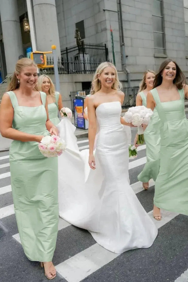 Pink Straps Sheath Square Neck Satin Sleeveless Long Bridesmaid Dress