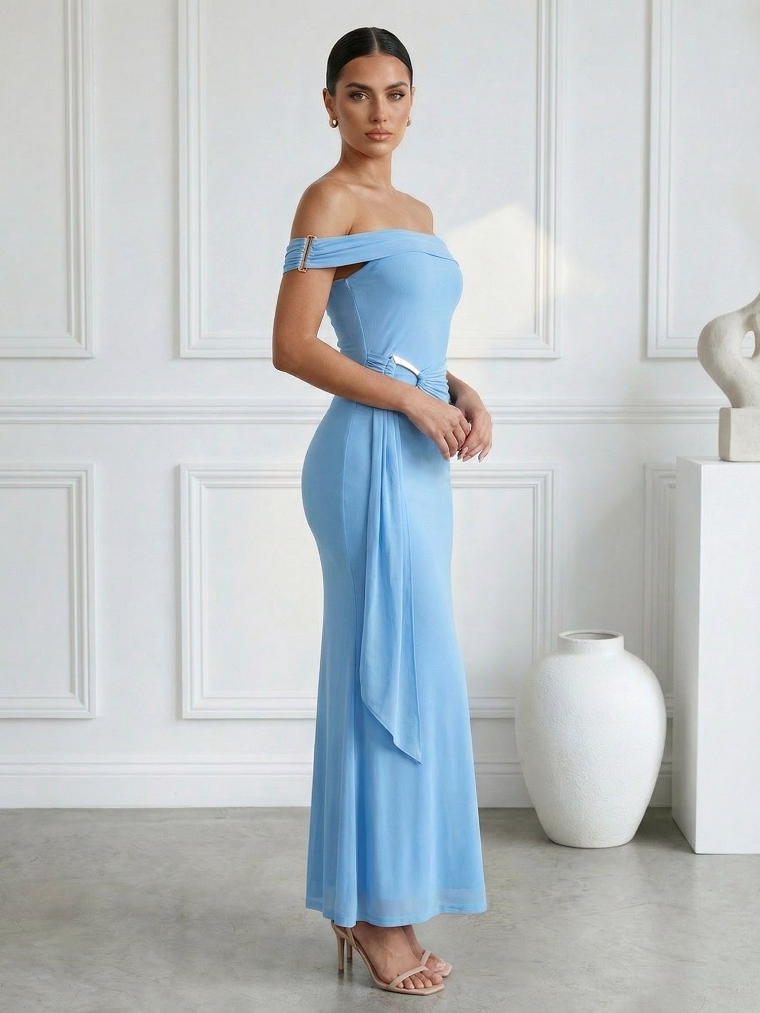 Light Blue Strapless Mermaid Tea Length Maxi Dress with Pleat