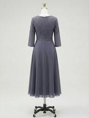 A-line V-Neck Tea-Length Chiffon Lace Mother of the Bride Dress With Beading