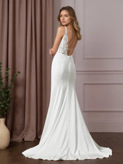 White Mermaid Scoop Sequins Crepe Back Satin Wedding Dress