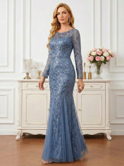 Sequin Leaf Embroidered Long Sleeve Mermaid Mother of the Bride Dress Maxi Dress