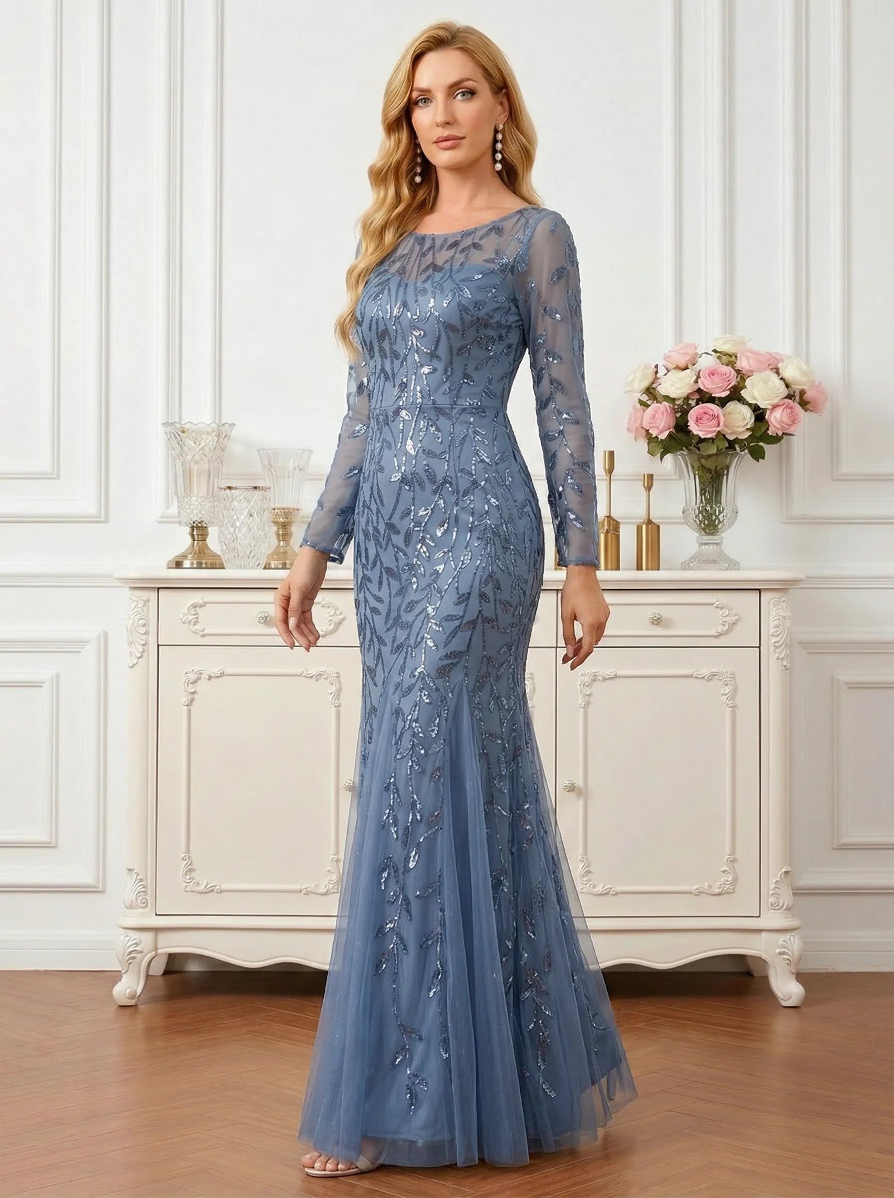 Sequin Leaf Embroidered Long Sleeve Mermaid Mother of the Bride Dress Maxi Dress