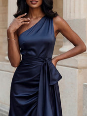 Glamorous Formal Dress Midnight Navy One Shoulder High-Low Satin Gown Midi Dress